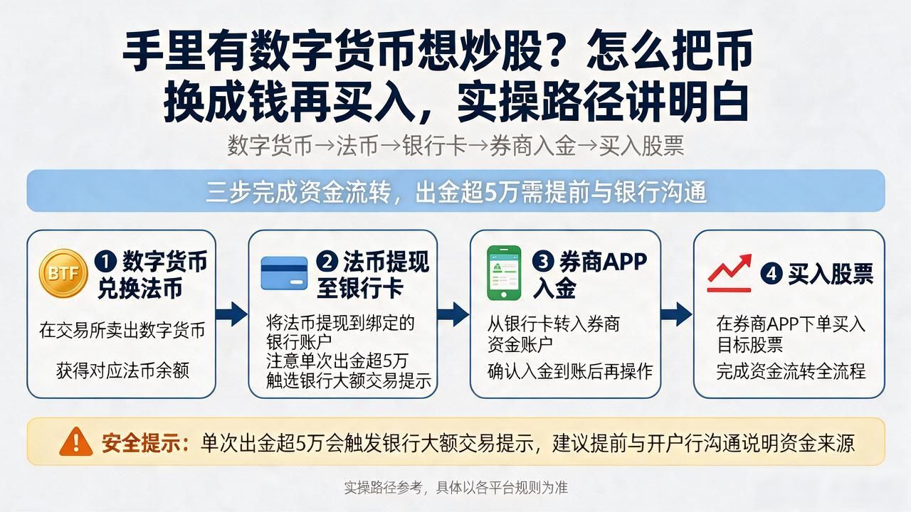 手里有数字货币想炒股？怎么把币换成钱再买入，实操路径讲明白