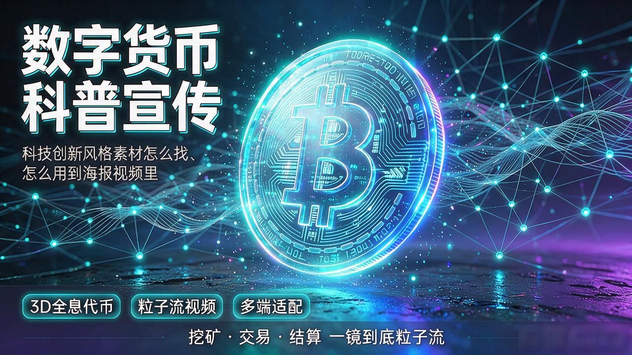 数字货币科技创新风格素材设计_深色系节点连线六边形网格粒子动画_科技创新数字货币素材